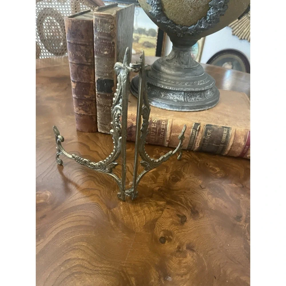 Vtg Lg Ornate Brass Scroll Folding Easel Plate Picture Art Stand 8